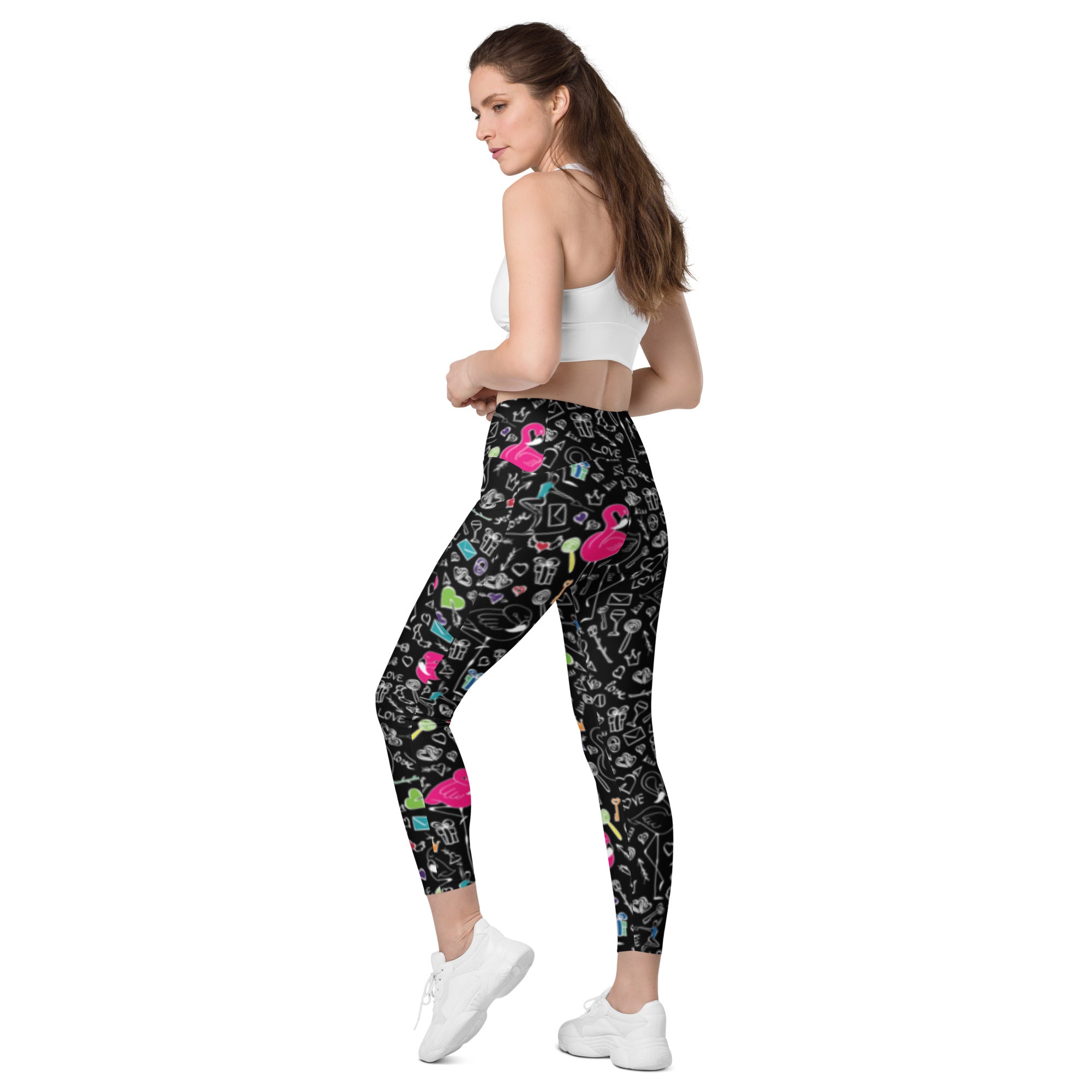 Flamingo Doodle Soup Crossover Leggings with pockets