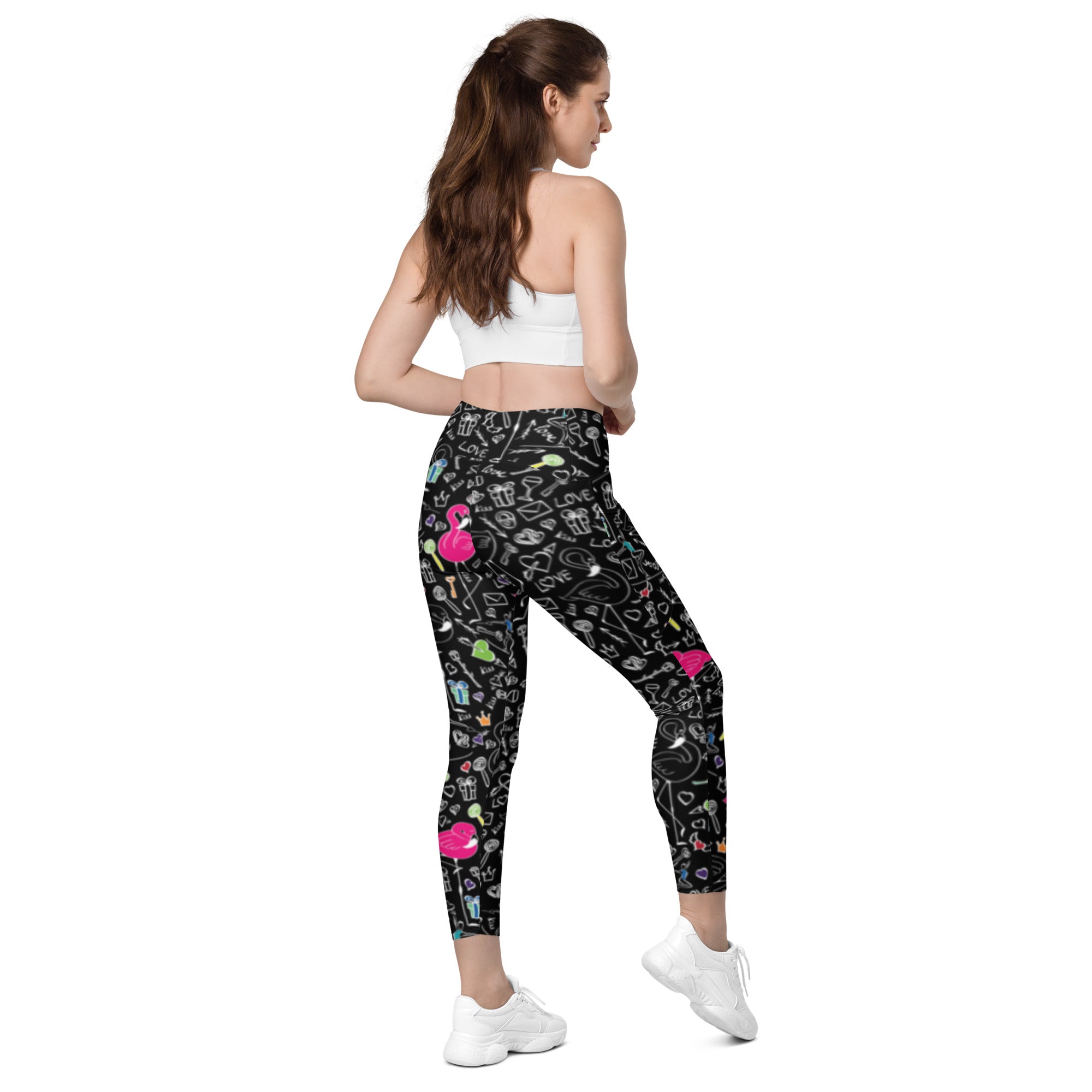 Flamingo Doodle Soup Crossover Leggings with pockets